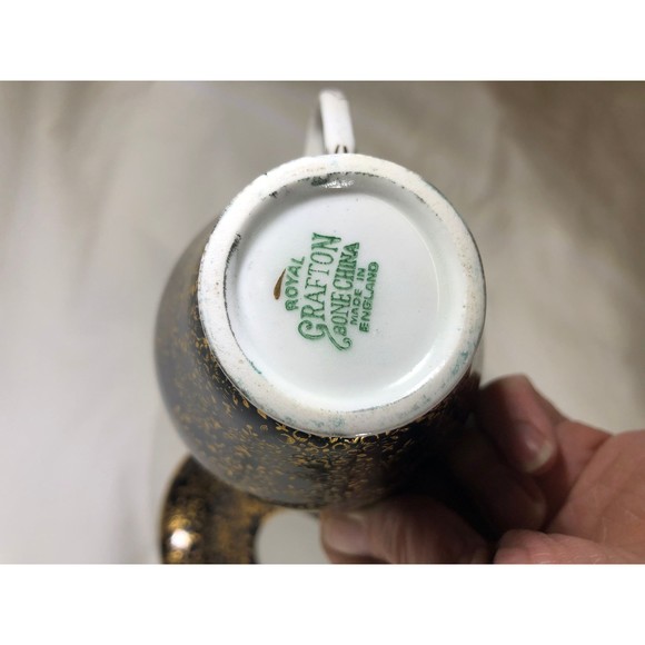 Royal Grafton Bone England Black  Gold Tea Cup & Saucer Set Green Backstamp - Picture 4 of 10